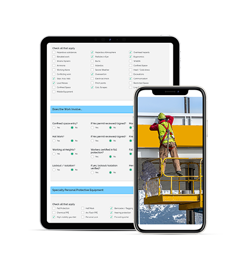 An image showing construction software on a tablet and mobile device. In this case it is a field level hazard assessment form.