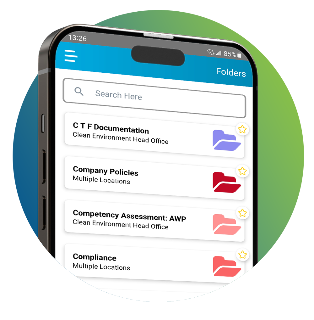 smartphone with online folders for storing policies and employee documents