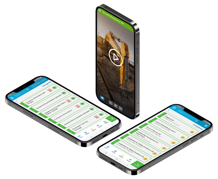 Three mobile smartphones with various features of a LMS and safety management system