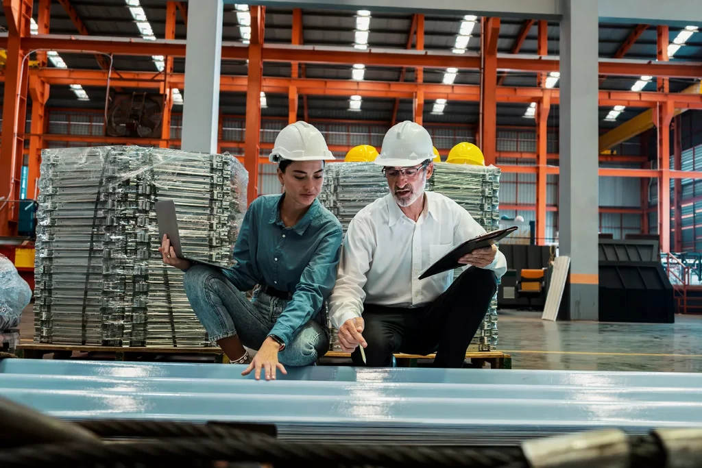 two employees kneel near a panel as one is being onboarded and trained