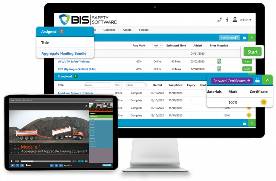a computer with a LMS on the screen that is breaking down in plane view all the training courses required by user
