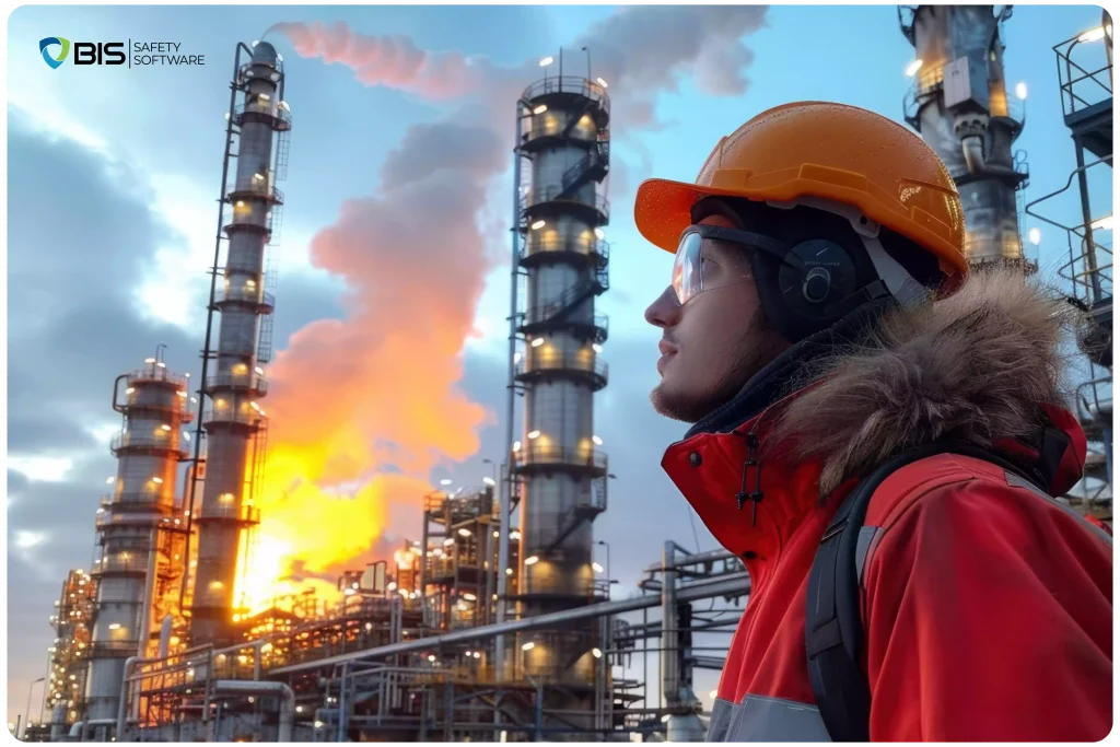 Employee Looking at the Oil Refinery