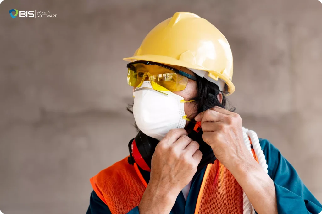 Employee wearing a safety helmet at job