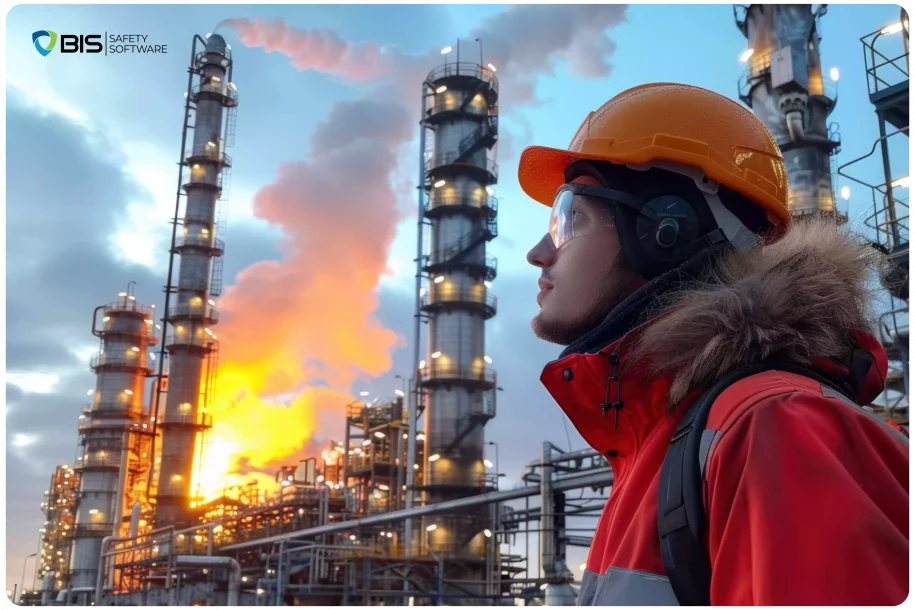 Employee Looking at the Oil Refinery