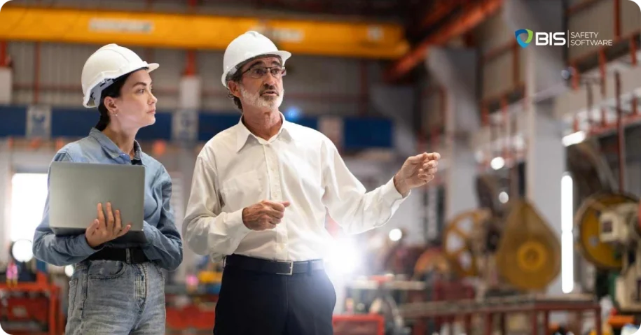 Employees discussing how to enhance safety in the workplace.