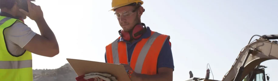 worker using LMS on tablet for safety inspection at an industrial facility staircase.